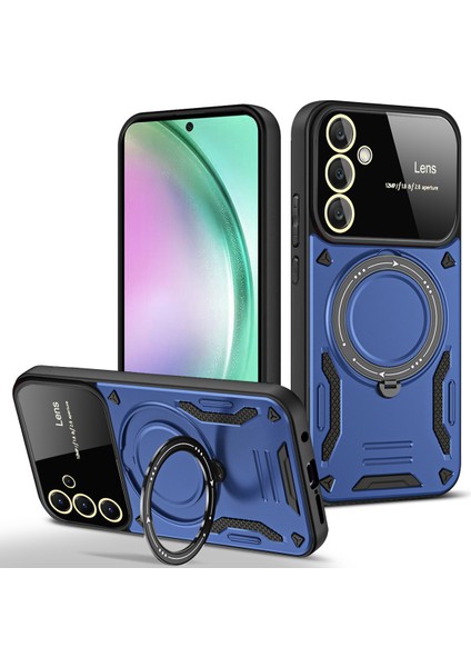 Samsung Galaxy A55 Için Çift Katmanlı Manyetik Halka Lens Standı Telefon Kılıfı - Mavi (Yurt Dışından)