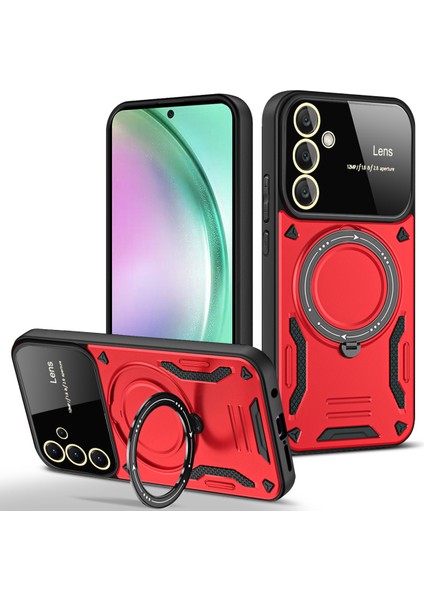 Samsung Galaxy A55 Için Çift Katmanlı Manyetik Halka Lens Standı Telefon Kılıfı - Kırmızı (Yurt Dışından)