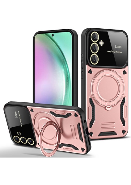 Samsung Galaxy A55 Için Çift Katmanlı Manyetik Halka Lens Standı Telefon Kılıfı - Rose Gold (Yurt Dışından)