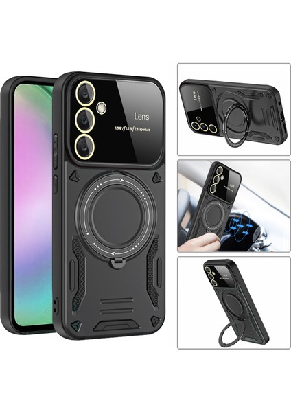 Samsung Galaxy A55 Için Çift Katmanlı Manyetik Halka Lens Standı Telefon Kılıfı - Rose Gold (Yurt Dışından)