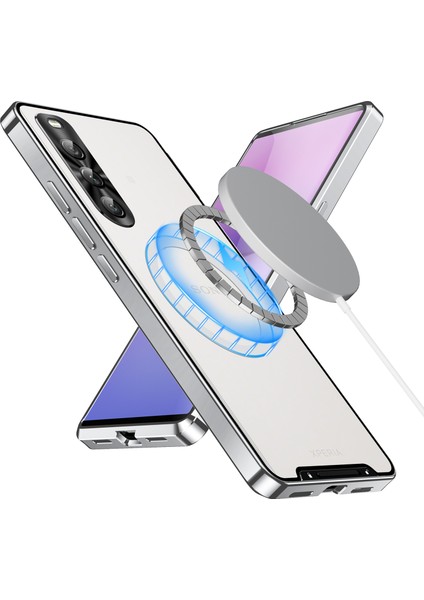 Sony Xperia 10 V Için Metal Pc Arka Lens Koruma Manyetik Kablosuz Şarj Cihazı Telefon Kılıfı Gümüş (Yurt Dışından)