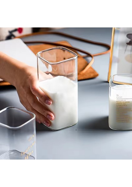 Yeni Stil Kare Cam Latte,kahve,meşrubat,smoothie Bardağı 400 ml 4 Adet