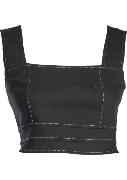 Kare Yaka Kalın Askılı Siyah Kadın Crop 24245000116