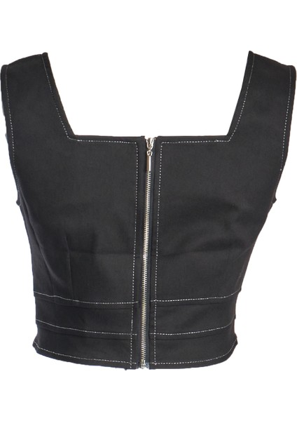 Kare Yaka Kalın Askılı Siyah Kadın Crop 24245000116