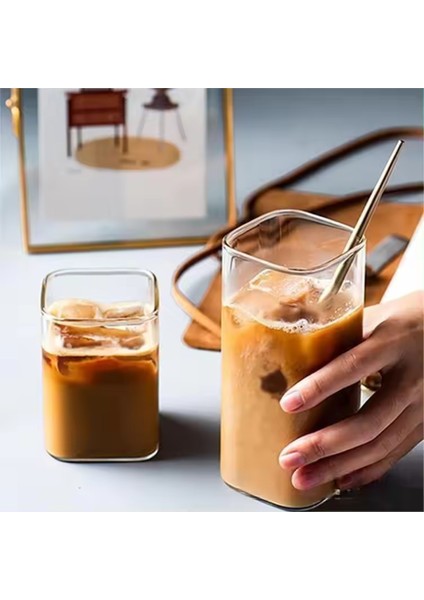 Yeni Stil Kare Cam Latte,kahve,meşrubat,smoothie Bardağı 450 ml 4 Adet