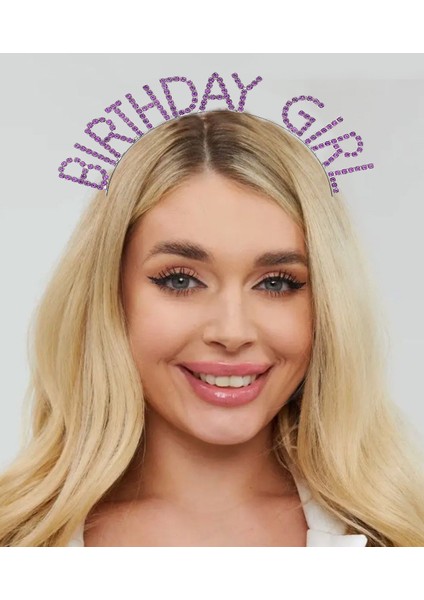 Mor Renk Kristal Taşlı Parlak Birthday Girl Yazılı Taç 16X17 cm