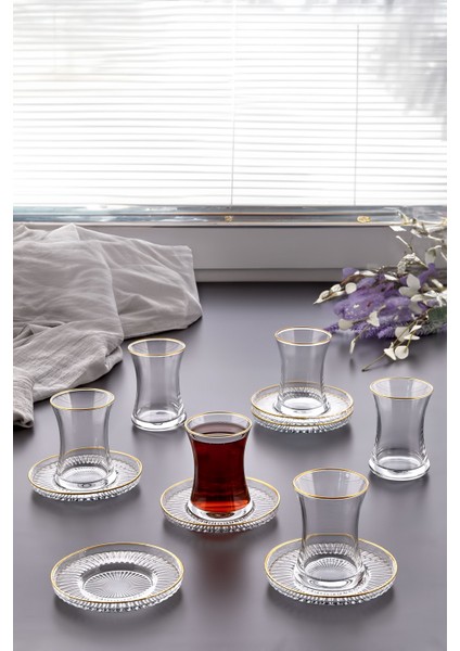 12 Parça Yaldızlı Çay Bardağı Takımı Seti - 6 Adet Bardak, 6 Adet Elysia Model Riva Çay Tabağı