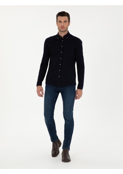 Erkek Lacivert Slim Fit Uzun Kollu Gömlek 50279606-VR033 fırsatları