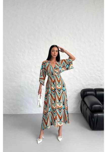 Kadın Düşük Kol Desenli Viskonk Elbise NBG021