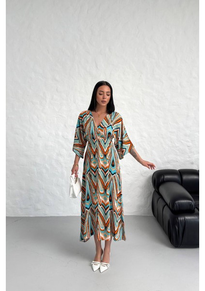 Kadın Düşük Kol Desenli Viskonk Elbise NBG021 fiyatları