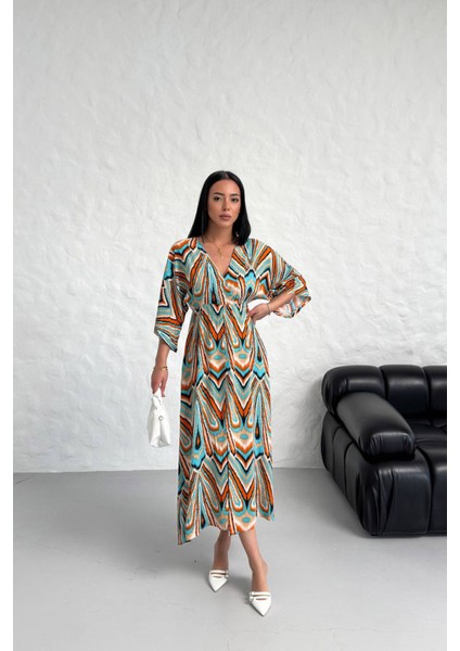 Kadın Düşük Kol Desenli Viskonk Elbise NBG021 modelleri