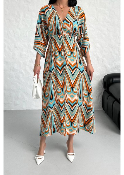 Kadın Düşük Kol Desenli Viskonk Elbise NBG021 fırsatları