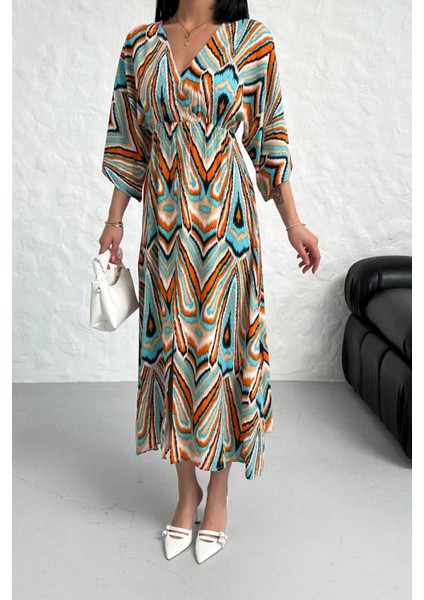 Kadın Düşük Kol Desenli Viskonk Elbise NBG021 indirimleri