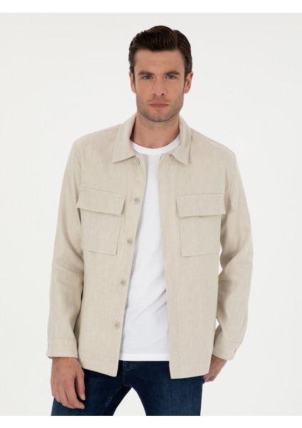 Erkek Bej Slim Fit Keten Karışımlı Ceket Gömlek 50288993-VR011