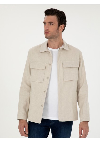 Erkek Bej Slim Fit Keten Karışımlı Ceket Gömlek 50288993-VR011 modelleri