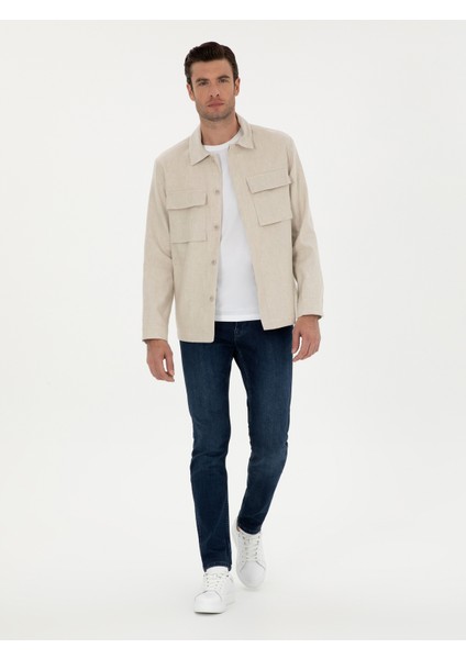 Erkek Bej Slim Fit Keten Karışımlı Ceket Gömlek 50288993-VR011 fırsatları