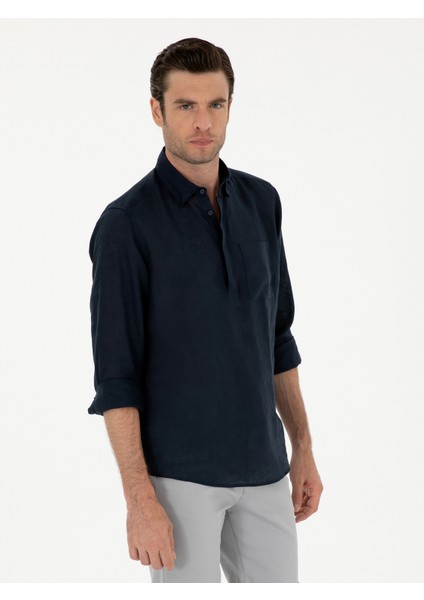 Erkek Lacivert Slim Fit Yarım Düğmeli %100 Keten Gömlek 50288732-VR033