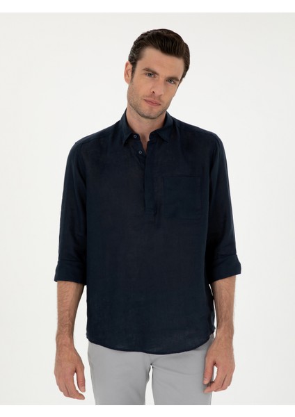 Erkek Lacivert Slim Fit Yarım Düğmeli %100 Keten Gömlek 50288732-VR033 modelleri