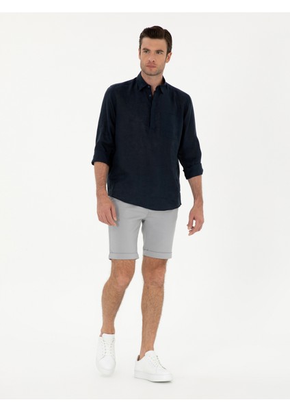 Erkek Lacivert Slim Fit Yarım Düğmeli %100 Keten Gömlek 50288732-VR033 fırsatları