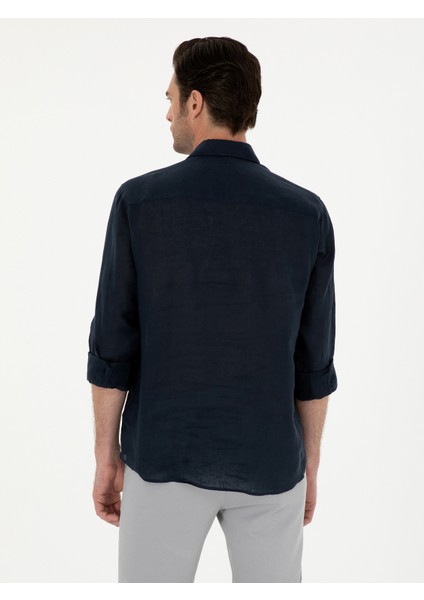Erkek Lacivert Slim Fit Yarım Düğmeli %100 Keten Gömlek 50288732-VR033 indirimleri