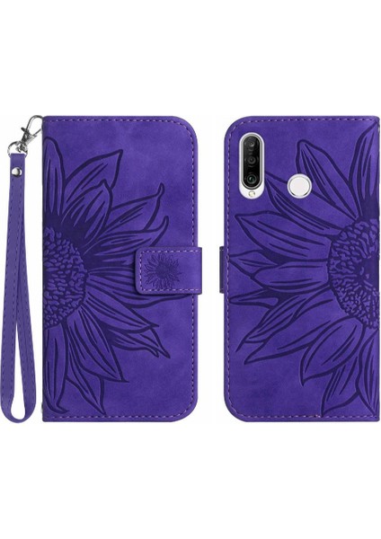 Kart ile Huawei P30 Lite Lüks Pu Deri Kabartmalı Ayçiçeği Için Kılıf (Yurt Dışından)