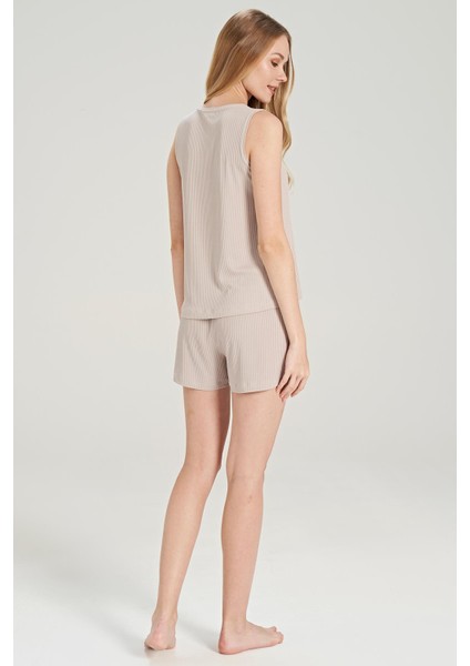 Kadın Sıfır Kol Fitilli Bej Şort Takım C2T7N0O5 indirimleri