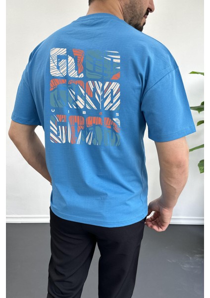 Erkek Oversize %100 Pamuk Good Vibes Sırt Baskılı T-shirt Mavi Edw091