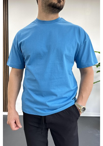 Erkek Oversize %100 Pamuk Good Vibes Sırt Baskılı T-shirt Mavi Edw091