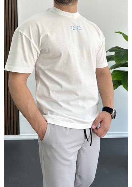 Erkek Oversize Pamuk 1212 Baskılı T-Shirt Ekru EDW105