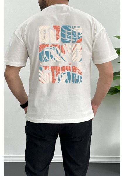 Erkek Oversize Pamuk Good Vibes Sırt Baskılı T-Shirt Ekru EDW091