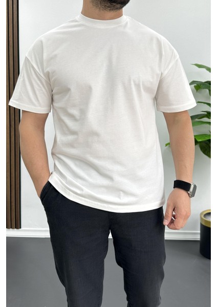 Erkek Oversize Pamuk Good Vibes Sırt Baskılı T-Shirt Ekru EDW091