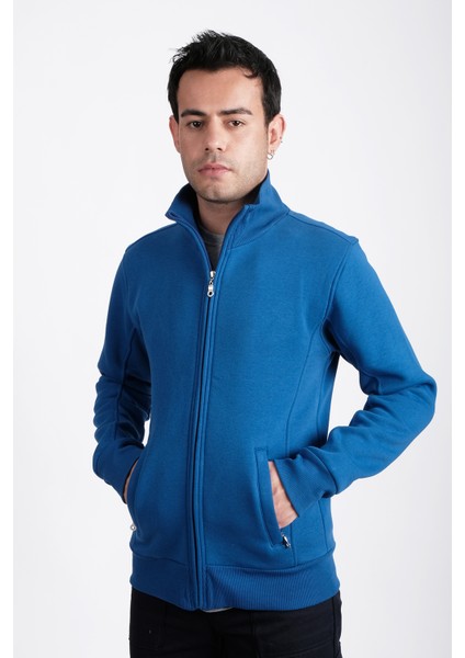 Unisex Sweatshirt, Mavi, Dik Yaka, Fermuarlı