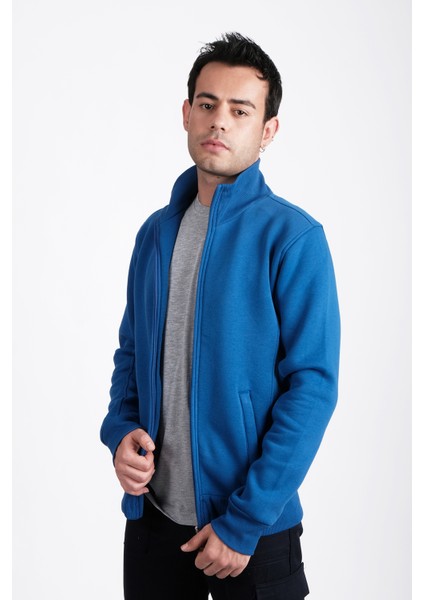 Unisex Sweatshirt, Mavi, Dik Yaka, Fermuarlı