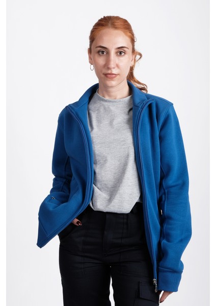 Unisex Sweatshirt, Mavi, Dik Yaka, Fermuarlı