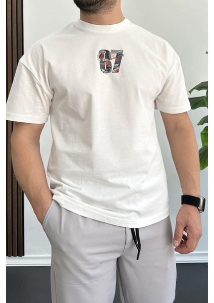 Erkek Oversize Pamuk 87 Baskılı T-Shirt Ekru EDW101