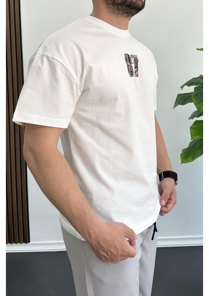 Erkek Oversize Pamuk 87 Baskılı T-Shirt Ekru EDW101
