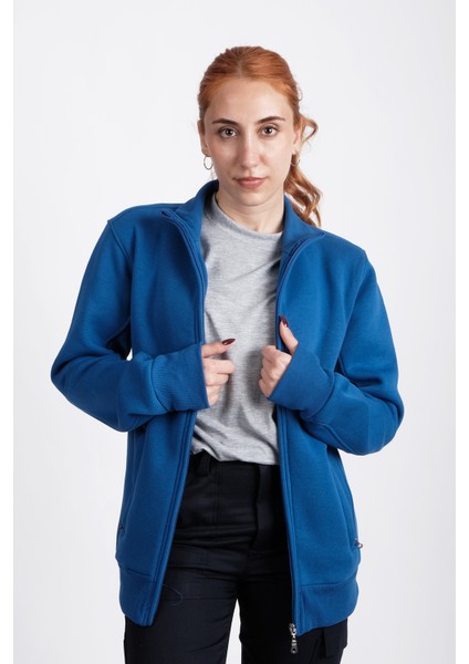 Unisex Sweatshirt, Mavi, Dik Yaka, Fermuarlı