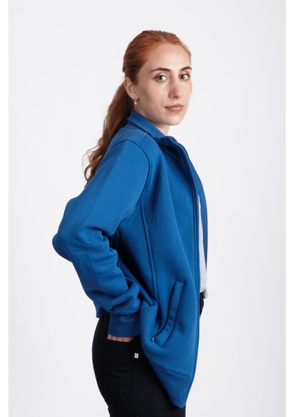 Unisex Sweatshirt, Mavi, Dik Yaka, Fermuarlı