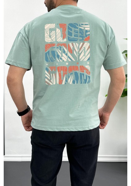 Erkek Oversize Pamuk Good Vibes Sırt Baskılı T-Shirt Yeşil EDW091