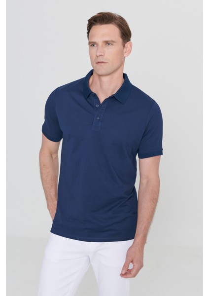 AC&Co / Altınyıldız Classics Erkek Çekmeyen Pamuklu Kumaş Slim Fit Dar Kesim Lacivert Kıvrılmaz Polo Yaka Tişört