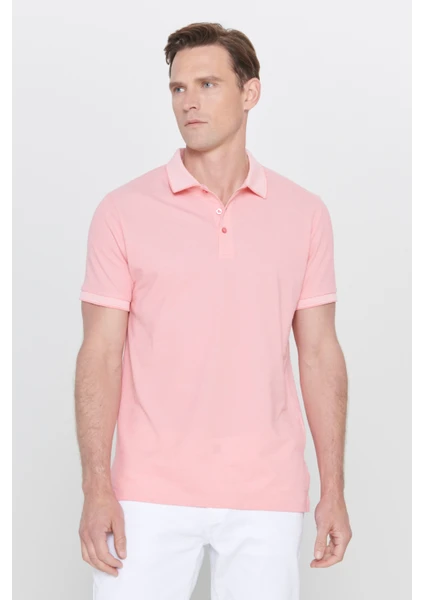 AC&Co / Altınyıldız Classics Erkek Çekmeyen Pamuklu Kumaş Slim Fit Dar Kesim Pembe-Beyaz Kıvrılmaz Polo Yaka Tişört