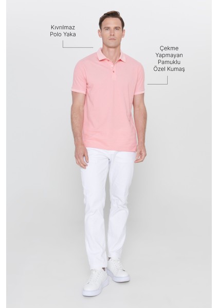 AC&Co / Altınyıldız Classics Erkek Çekmeyen Pamuklu Kumaş Slim Fit Dar Kesim Pembe-Beyaz Kıvrılmaz Polo Yaka Tişört