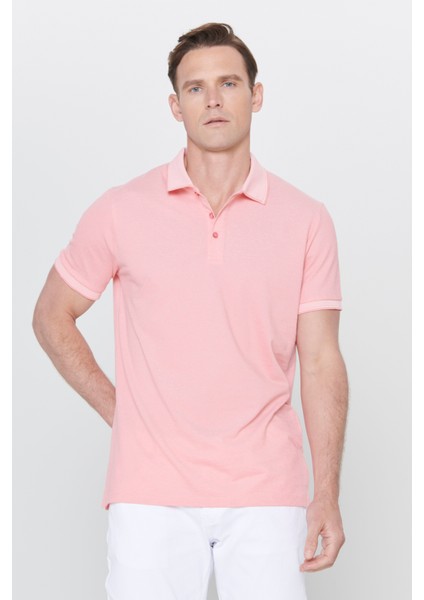 AC&Co / Altınyıldız Classics Erkek Çekmeyen Pamuklu Kumaş Slim Fit Dar Kesim Pembe-Beyaz Kıvrılmaz Polo Yaka Tişört