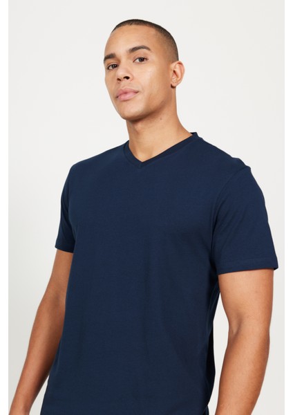 2'li Slim Fit Dar Kesim V Yaka %100 Pamuk T-Shirt