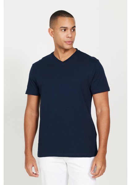 2'li Slim Fit Dar Kesim V Yaka %100 Pamuk Tişört