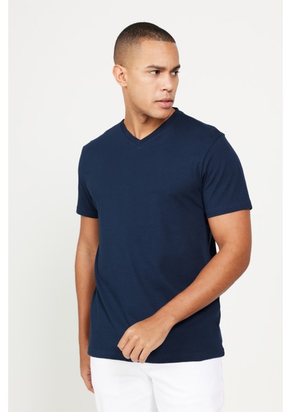 2'li Slim Fit Dar Kesim V Yaka %100 Pamuk Tişört