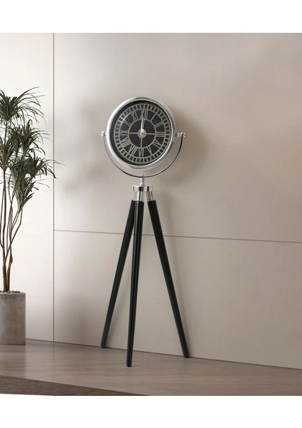 Tripod Ayaklı Dekoratif Saat Roma Rakamlı Siyah-Krom