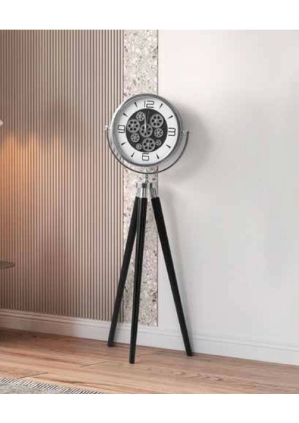 Tripod Ayaklı Dekoratif Saat Çarklı Siyah-Krom fiyatları
