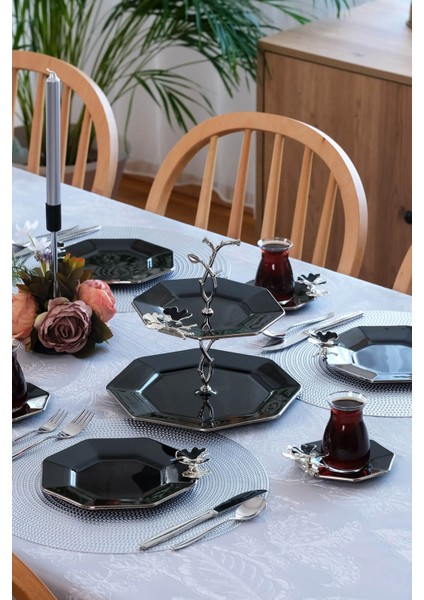 Dolmabahçe Sekizgen Siyah Platin Yaldızlı 6 Kişilik 25 Parça Pasta Çay Ikram Takımı
