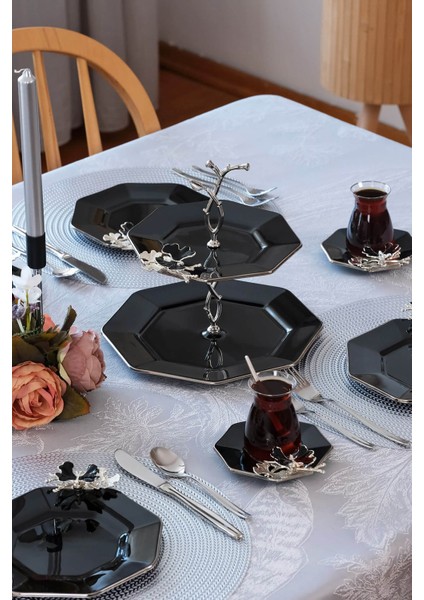 Dolmabahçe Sekizgen Siyah Platin Yaldızlı 6 Kişilik 25 Parça Pasta Çay Ikram Takımı